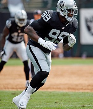 Oakland Raiders defensive end Aldon Smith during an NFL football game against the Cincinnati Bengals in Oakland, CalifBengals Raiders Football, Oakland, USA - 13 Sep 2015