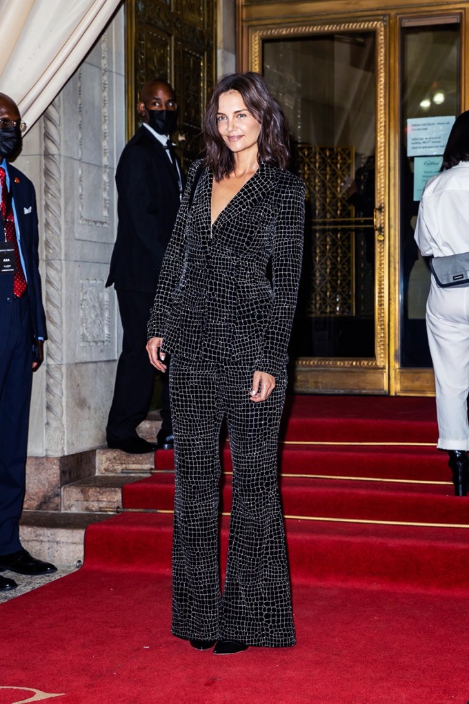 Katie Holmes rocks a sequin pantsuit at NYFW