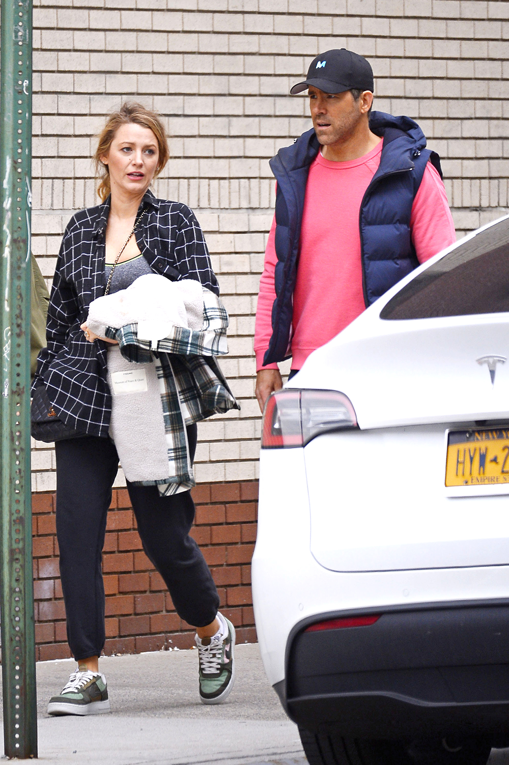 Blake Lively Steps Out For Coffee In Plaid Top, Chanel Shoulder Bag, Frame Jacket And Favourite Sneakers With Ryan Reynolds In New York City