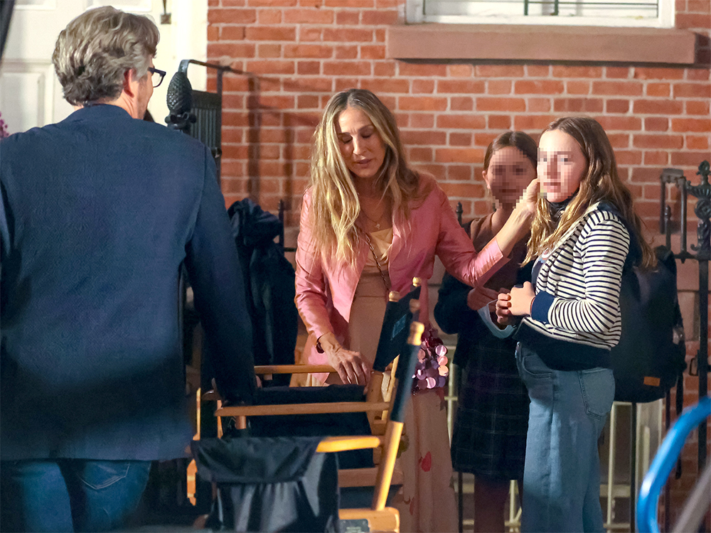 Sarah Jessica Parker with her daughters Marion Loretta Elwell Broderick and Tabitha Hodge Broderick are seen at the 'And Just Like That' film set