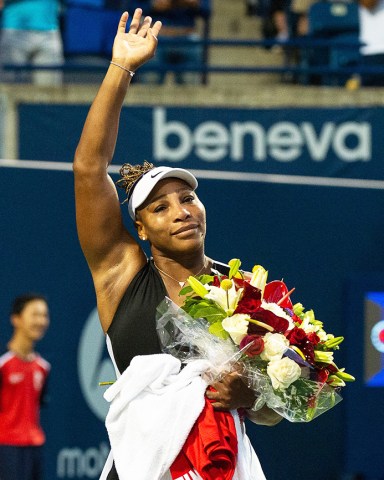 Serena Williams of the US acknowledges the crowd after her match against Belinda Bencic of Switzerland, during the second round of the National Bank Open women's tennis tournament, in Toronto, Canada, 10 August 2022.National Bank Open tennis tournament, Toronto, Canada - 10 Aug 2022