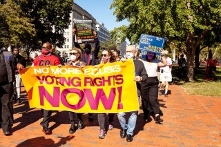 Rev. Jamaal Bryant, Alyssa Milano, Jana Morgan, and Rabbi David Saperstein lead the march during a civil disobedience action for voting rights at the White House.  Demonstrators are demanding that the Biden Administration take the lead on voting rights and pressure Congress to pass legislation protecting the right to vote.  Specifically, they want passage of the Freedom to Vote Act and DC statehood.
Voting rights activists arrested at the White House, White House, Washington, USA - 19 Oct 2021