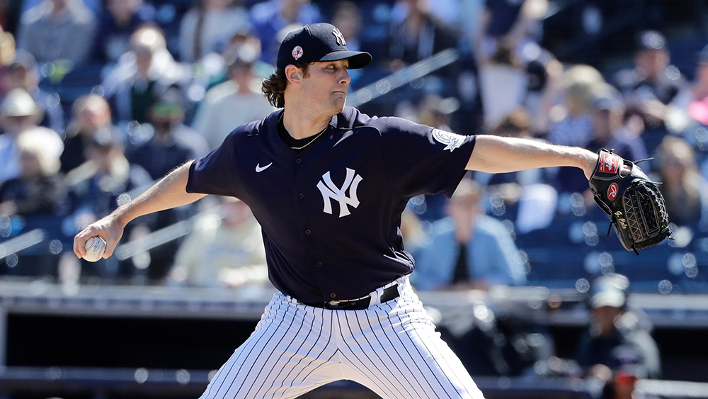 New York Yankees' Gerrit Cole delivers a pitch during the first inning of a spring training baseball game against the Detroit Tigers, in Tampa, Fla
Tigers Yankees Baseball, Tampa, USA - 29 Feb 2020