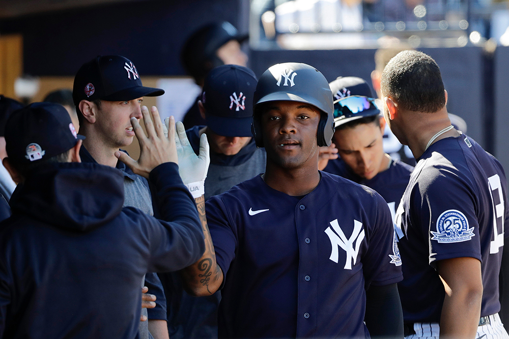 New York Yankees' Josh Stowers celebrates with teammates after scoring on a single by New York Yankees' Kyle Holder during the sixth inning of a spring training baseball game against the Detroit Tigers, in Tampa, Fla
Tigers Yankees Baseball, Tampa, USA - 29 Feb 2020