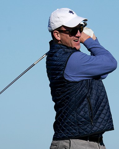 Peyton Manning follows his drive from the 16th tee of the Monterey Peninsula County Club Shore Course during the second round of the AT&T Pebble Beach National Pro-Am golf tournament, in Pebble Beach, Calif
Golf, Pebble Beach, USA - 07 Feb 2020