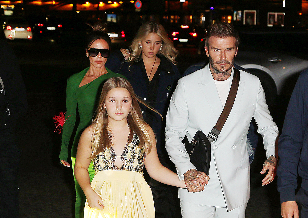 The Beckham family (Victoria, Harper, David, Cruz, Brooklyn and Nicola Peltz) seen on their way to have a dinner party at La Girafe in Paris on september 30th 2022. 30 Sep 2022 Pictured: Victoria Beckham, Nicola Peltz, Harper and David Beckham. Photo credit: KCS Presse / MEGA TheMegaAgency.com +1 888 505 6342 (Mega Agency TagID: MEGA902951_020.jpg) [Photo via Mega Agency]