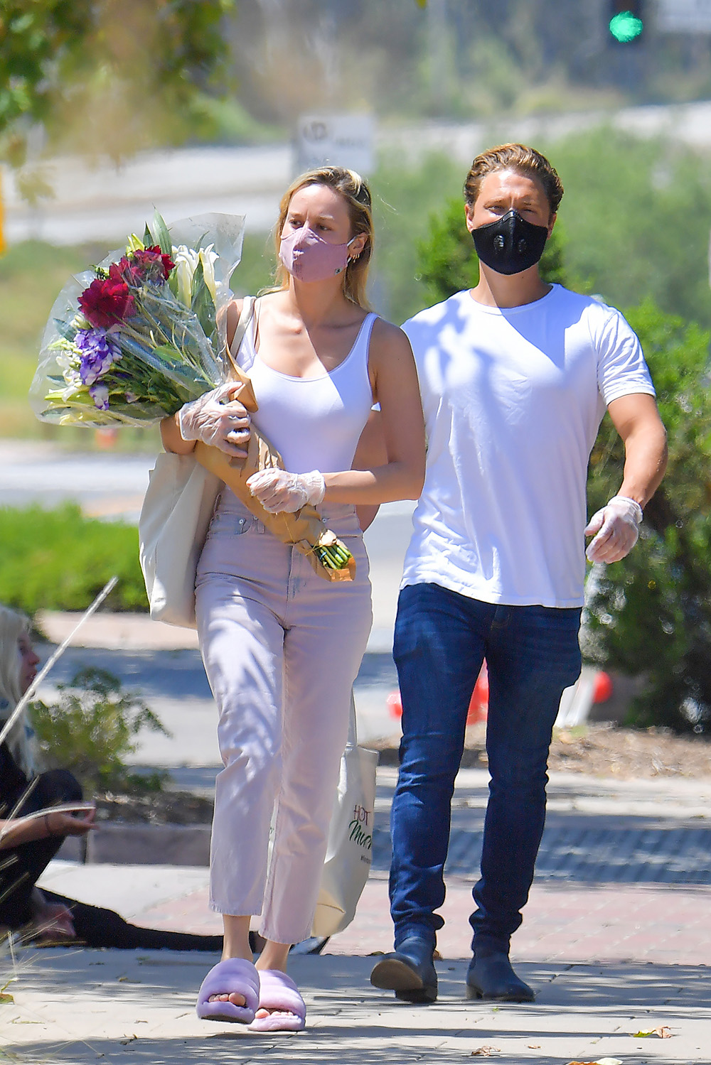 Brie Larson boyfriend Elijah Allan-Blitz buy flowers face mask