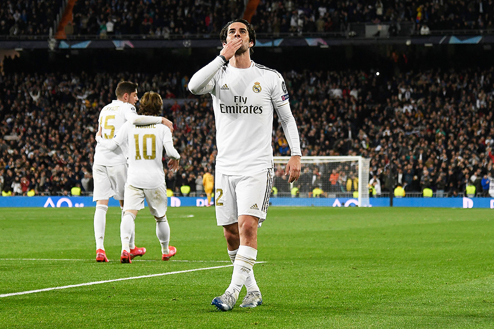 Editorial Use Only
Mandatory Credit: Photo by Javier Garcia/BPI/Shutterstock (10566589as)
Isco Alarcón of Real Madrid celebrates after scoring the 1-0
Real Madrid v Manchester City, UEFA Champions League, Round of 16, 1st Leg, Football, Santiago Bernabeu Stadium, Spain - 26 Feb 2020