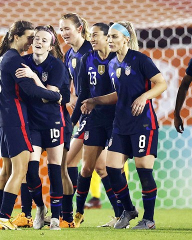 USA players celebrate during the women's international friendly soccer match between the Netherlands and the United States at the Rat Verlegh Stadium in Breda, The Netherlands, 27 November 2020.Netherlands vs USA, Breda - 27 Nov 2020