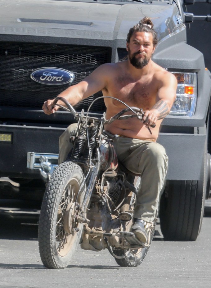 Jason Momoa Rides A Vintage Motorcycle In Malibu