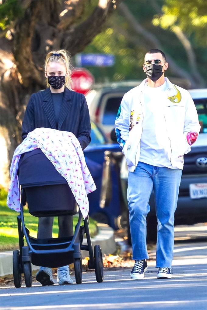 Sophie Turner In A Blazer While Out With Daughter & Joe Jonas