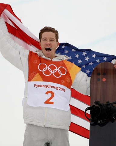 Shaun White, of the United States, celebrates his gold medal after the men's halfpipe finals at Phoenix Snow Park at the 2018 Winter Olympics in Pyeongchang, South Korea
Olympics Snowboard Men, Pyeongchang, South Korea - 14 Feb 2018