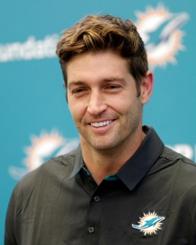 New Miami Dolphins quarterback Jay Cutler speaks at a news conference during an NFL football training camp, in Davie, Fla. Cutler has agreed to terms on a $1 million, one-year contract, as starting quarterback Ryan Tannehill remains out with a left knee injury
Dolphins QBs Football, Davie, USA - 7 Aug 2017