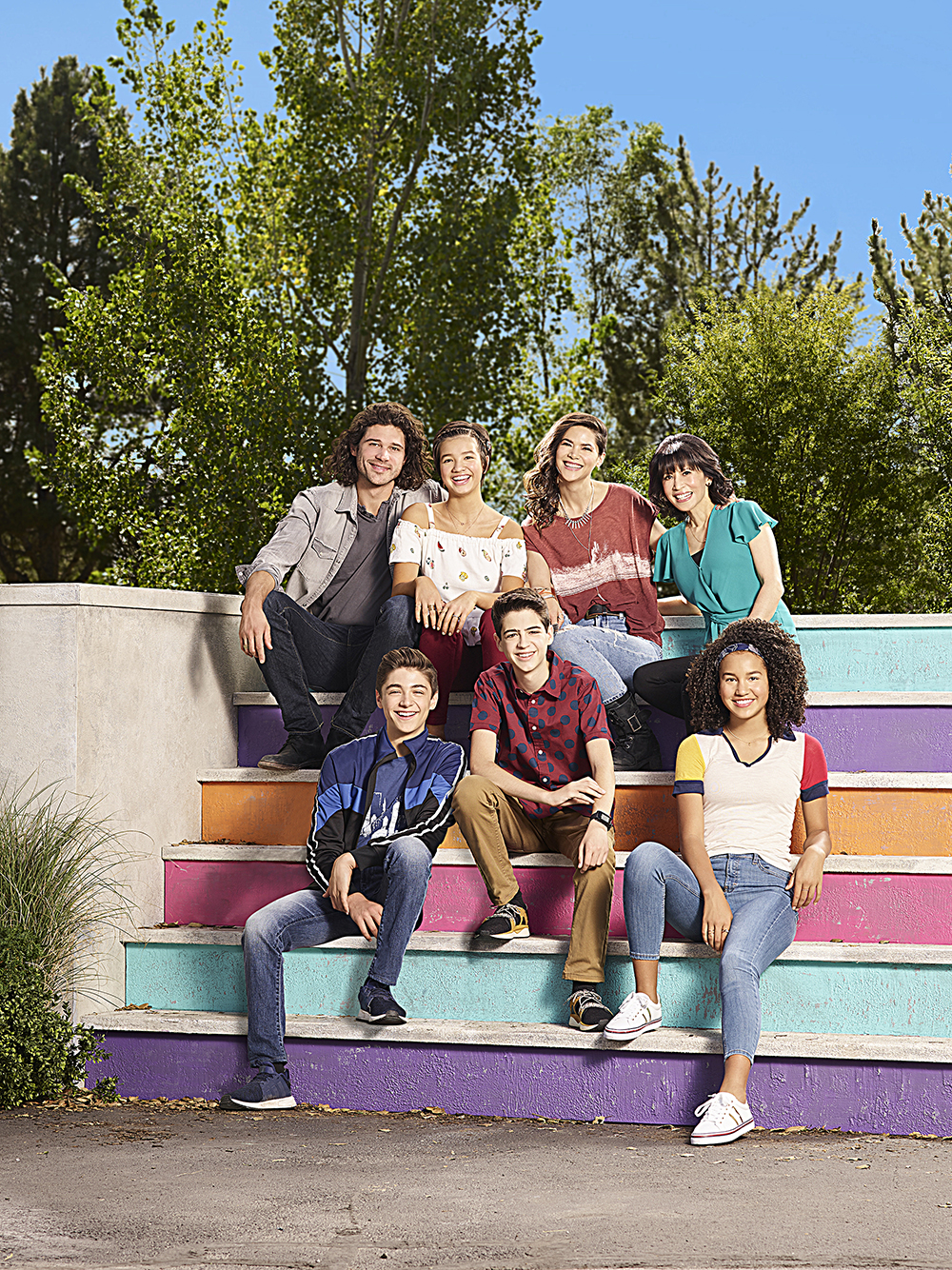 ANDI MACK - Disney Channel's "Andi Mack" stars Trent Garrett as Bowie Quinn, Asher Angel as Jonah Beck, Peyton Elizabeth Lee as Andi Mack, Joshua Rush as Cyrus Goodman, Lilan Bowden as Bex Mack, Lauren Tom as Celia Mack, and Sofia Wylie as Buffy Driscoll. (Disney Channel/Mitch Haaseth)