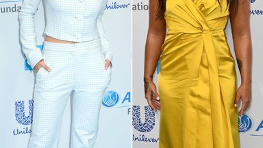 selena gomez blue off the shoulder shirt pants demi lovato yellow dress we day