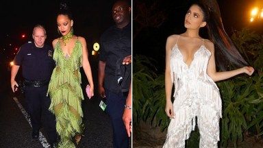 kylie jenner fringe jumpsuit rihanna same outfit green fringe jumpsuit