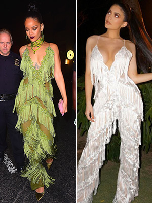 kylie jenner fringe jumpsuit rihanna same outfit green fringe jumpsuit