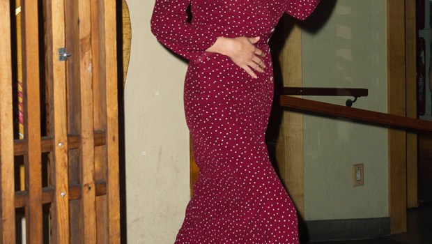 Selena Gomez stops for Sushi rocking a burgundy polka dot dress out with friends in New York, NY. Pictured: Selena GomezRef: SPL1587972  280917  Picture by: PapCulture / Splash NewsSplash News and PicturesLos Angeles:310-821-2666New York:212-619-2666London:870-934-2666photodesk@splashnews.com