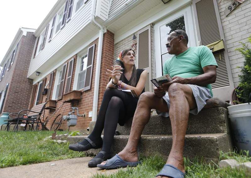 Danica Roem, Godfrey Wade Democratic nominee for the House of Delegates 13th district seat, Danica Roem, left, talks with supporter and local resident, Godfrey Wade, as she canvasses a neighborhood, in Manassas, Va. Roem is running against Del. Bob Marshall in the 13th House of Delegates District
Transgender Candidate Virginia, Manassas, USA - 21 Jun 2017