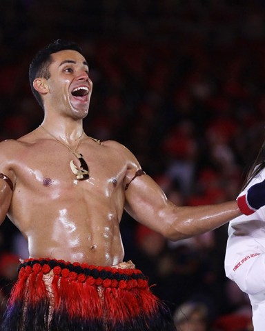 Tonga's Pita Taufatofua reacts during the closing ceremony of the 2018 Winter Olympics in Pyeongchang, South Korea
Olympics Closing Ceremony, Pyeongchang, South Korea - 25 Feb 2018