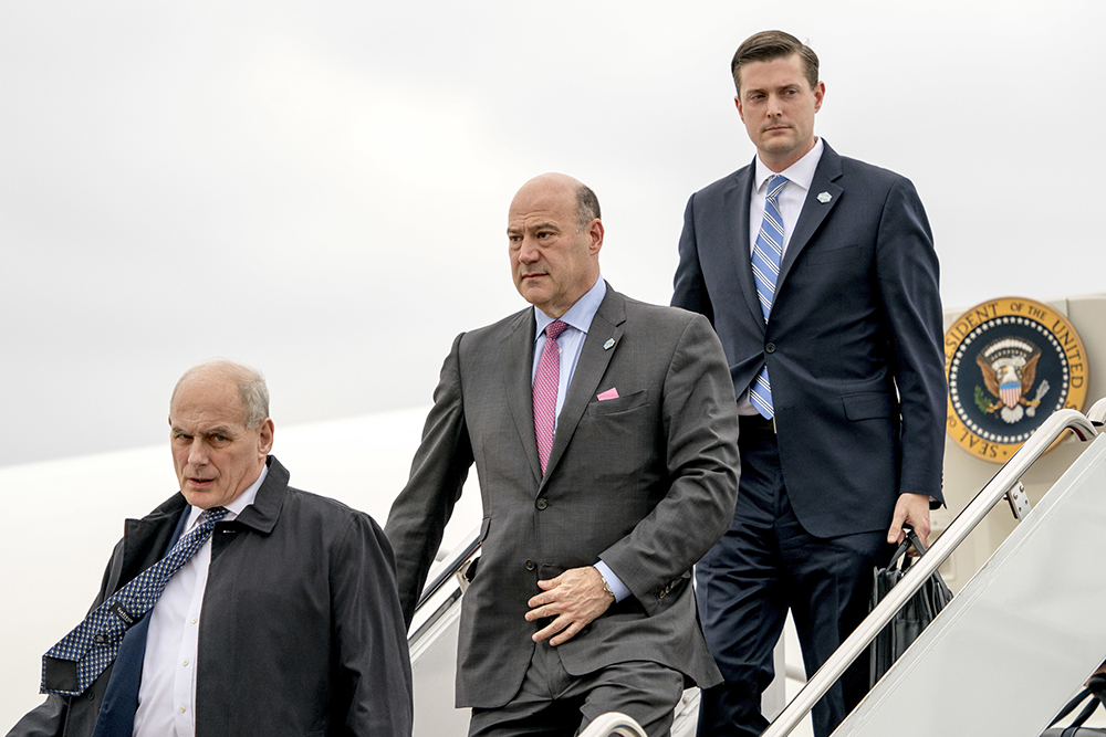 John Kelly, Gary Cohn, Rob Porter. President Donald Trump's Chief of Staff John Kelly, left, White House chief economic adviser Gary Cohn, center, and White House Staff Secretary Rob Porter, right, arrive at Andrews Air Force Base, Md., for a short trip to the White House after accompanying President Donald Trump at the 2018 House and Senate Republican Member Conference at The Greenbrier in White Sulphur Springs, WVa
Trump, Andrews AFB, USA - 01 Feb 2018