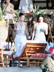 Bella Hadid seen enjoying the day with friends including Jesse Jo Stark, Jordan Barrett, Devon Carlson and Lauren Perez in St Barths. 08 Dec 2019 Pictured: Bella Hadid. Photo credit: Spread Pictures / MEGA TheMegaAgency.com +1 888 505 6342 (Mega Agency TagID: MEGA564638_014.jpg) [Photo via Mega Agency]