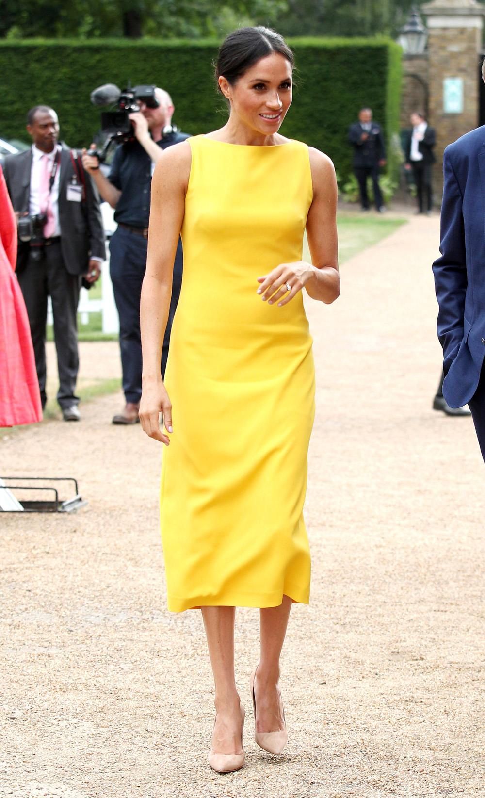 Meghan Duchess of Sussex during the Your Commonwealth Youth Challenge reception at Marlborough HouseYour Commonwealth Youth Challenge reception, London, UK - 05 Jul 2018WEARING BRANDON MAXWELL SHOES BY MANOLO BLAHNIK SAME OUTFIT AS CATWALK MODEL *9047036al