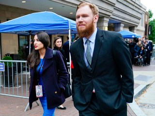 Alexandria Ocasio-Cortez, Riley Roberts. Rep.-elect Alexandria Ocasio-Cortez, D-NY., left, is seen leaving orientation session for new members of congress, in Washington. Walking alongside Ocasio-Cortez is Riley Roberts, right
Congress New Members, Washington, USA - 13 Nov 2018