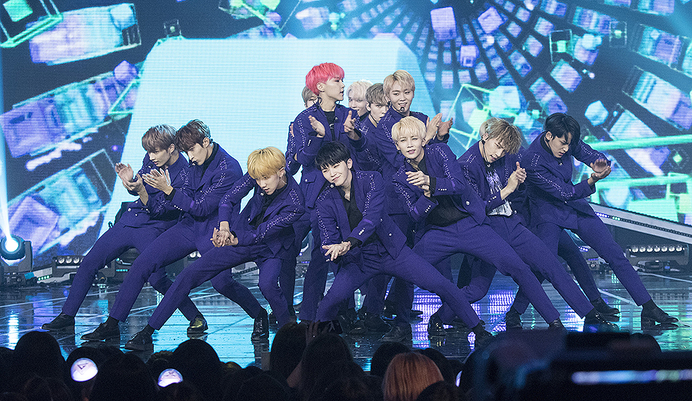 22 November 2017 - Goyang, South Korea : South Korean boys group Seventeen, performs onstage during the MBC TV K-Pop music chart program "Show Champion" at MBC Dream Center in Goyang, South Korea on November 22, 2017. Photo Credit: Lee Young-ho(Sipa via AP Images)