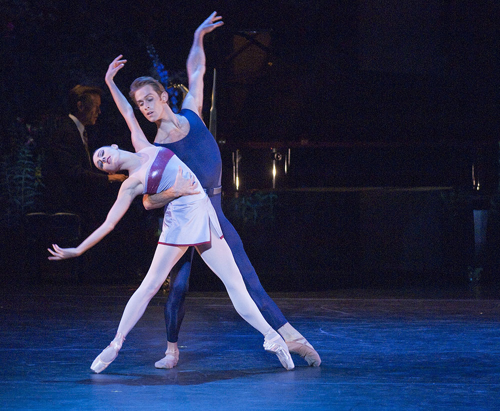 Tiler Peck and Adrian Danchig-Waring of "Morphoses, The Wheeldon Company" perform "Mercurial Manoeuvres Pas de Deux" at the Gerald R. Ford Amphitheater in Vail, Colo. on Friday evening, Aug. 7, 2009 as part of the Vail International Dance Festival. (AP Photo/Peter M. Fredin)