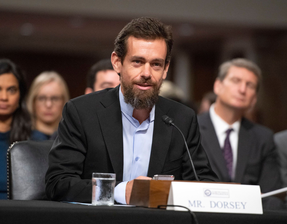 RESTRICTION: NO New York or New Jersey Newspapers or newspapers within a 75 mile radius of New York CityMandatory Credit: Photo by REX/Shutterstock (9870836aa)Jack Dorsey, Co-Founder and Chief Executive Officer, Twitter, gives testimony before a United States Senate Select Committee on Intelligence hearing "to examine foreign influence operations' use of social media platforms" on Capitol Hill in Washington, DC.Senate Intelligence Committee hearing, Washington DC, USA - 05 Sep 2018