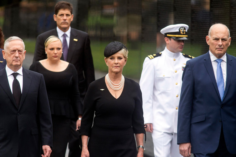 Cindy McCain, the wife of Sen. John McCain, R-Ariz., and her family, with Defense Secretary James Mattis, left, and White House Chief of Staff John Kelly, walks at the Vietnam Veterans Memorial in Washington
3K3A6961, Washington, USA - 01 Sep 2018