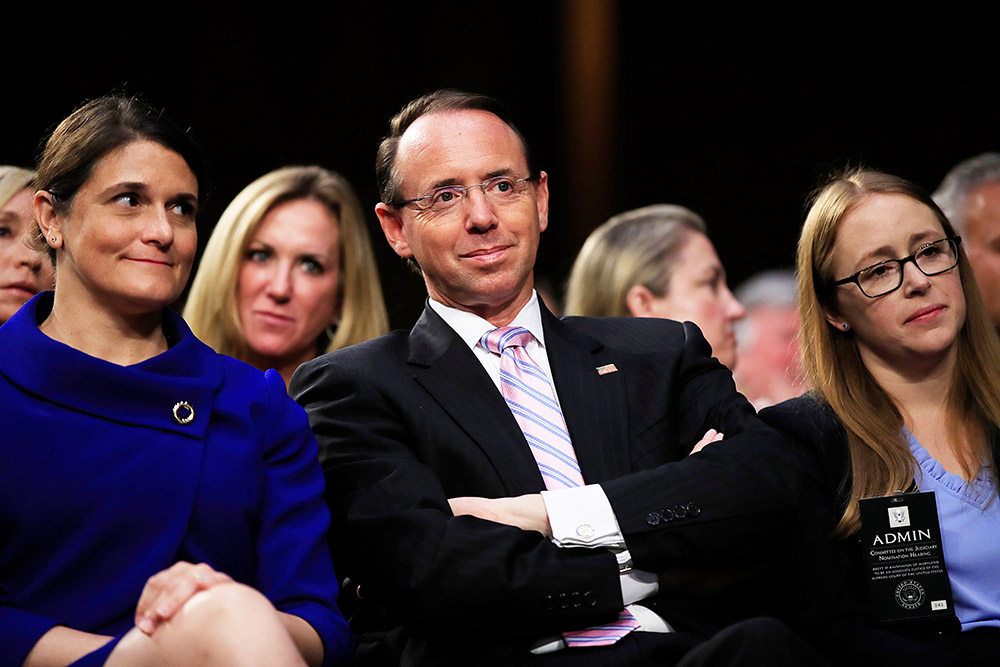 Rod Rosenstein, Brett Kavanaugh. Deputy Attorney General Rod Rosenstein, center, listens to lawmakers speak during a during a Senate Judiciary Committee's nominations hearing on Supreme Court nominee Brett Kavanaugh, on Capitol Hill in Washington
Senate Court Kavanaugh, Washington, USA - 04 Sep 2018