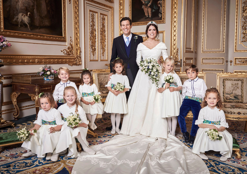 Free for Editorial Use Only. See terms of release, which must be included and passed-on to anyone to whom this image is supplied
Mandatory Credit: Photo by Alex Bramall/PA Wire/REX/Shutterstock (9930686b)
This official wedding photograph released by the Royal Communications of Princess Eugenie and Mr Brooksbank, shows - Princess Eugenie and Jack Brooksbank in the White Drawing Room, Windsor Castle with (left to right) Back row: His Royal Highness Prince George ; Her Royal Highness Princess Charlotte ; Miss Theodora Williams ; Miss Isla Phillips ; Master Louis de Givenchy Front row: Miss Mia Grace Tindall ; Miss Savannah Phillips ; Miss Maud Windsor.
The Wedding of Princess Eugenie and Jack Brooksbank, Official Portraits, Windsor, Berkshire, UK - 12 Oct 2018
News Editorial Use Only. No Commercial Use. No Merchandising, Advertising, Souvenirs, Memorabilia or Colourably Similar. Not for use after 30th April 2019 without prior permission from Buckingham Palace. No Cropping. Copyright in the photograph is vested in Princess Eugenie of York and Mr Jack Brooksbank and Alex Bramall. Publications are asked to credit the photograph to Alex Bramall. No charge should be made for the supply, release or publication of the photograph. The photograph must not be digitally enhanced, manipulated or modified in any manner or form and must include all of the individuals in the photograph when published.