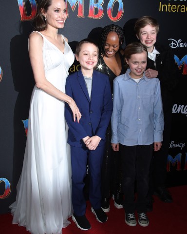 Angelina Jolie with children Shiloh Jolie-Pitt, Vivienne Jolie Pitt, Zahara Jolie Pitt and Knox Jolie Pitt
'Dumbo' film premiere, Arrivals, Los Angeles, USA - 11 Mar 2019