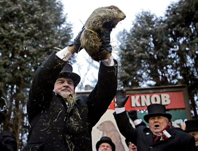 John Griffiths Al Dereume. Groundhog Club co-handler John Griffiths, left, holds Punxsutawney Phil, the weather prognosticating groundhog, during the 133rd celebration of Groundhog Day on Gobbler's Knob in Punxsutawney, Pa. . Phil's handlers said that the groundhog has forecast an early spring
Groundhog Day, Punxsutawney, USA - 02 Feb 2019