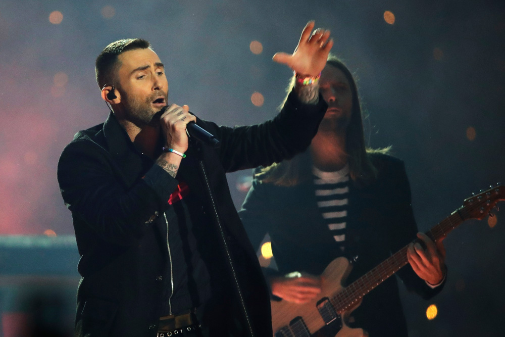 Adam Levine of Maroon 5 performs during halftime of the NFL Super Bowl 53 football game between the Los Angeles Rams and the New England Patriots Sunday, Feb. 3, 2019, in Atlanta. (AP Photo/Matt Rourke)