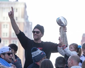 Super Bowl LIII Champions New England Patriots quarterback Tom Brady (L) gestures to the crowd as he and his daughter Vivian Lake Brady (R) hold the Vince Lombardi Trophy while they ride a duck boat during a celebration parade on the streets of Boston, Massachusetts, USA 05 February 2019. The New England Patriots defeated the Los Angeles Rams to win Super Bowl LIII, their sixth championship in seventeen years.
New England Patriots Super Bowl Championship Parade, Boston, USA - 05 Feb 2019