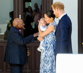 Prince Harry and Meghan Duchess of Sussex, holding son Archie Harrison Mountbatten-Windsor, meet Archbishop Desmond Tutu during a visit to the Desmond & Leah Tutu Legacy Foundation in Cape Town, South Africa.
Prince Harry and Meghan Duchess of Sussex visit to Africa - 25 Sep 2019