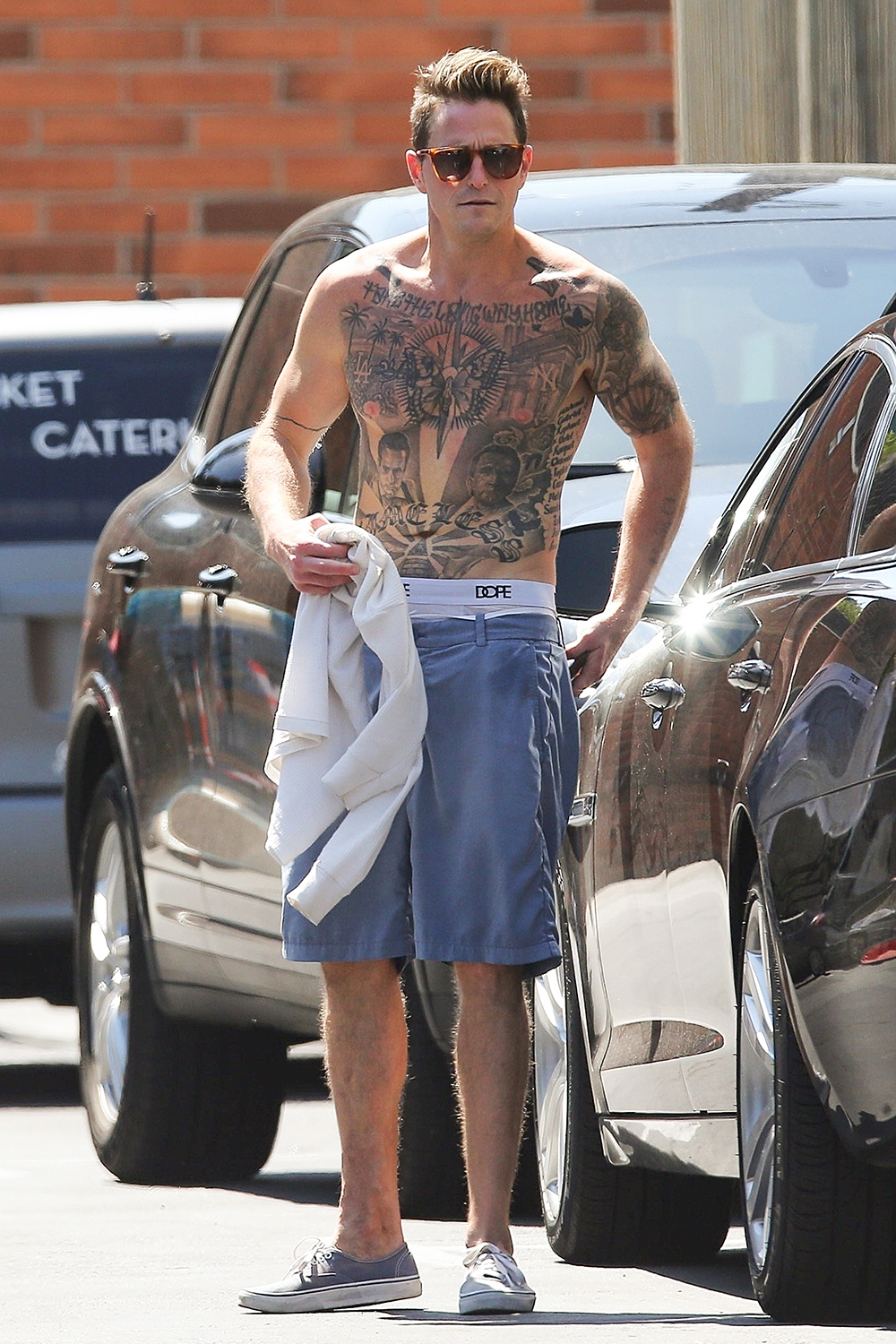 *EXCLUSIVE* Cameron Douglas goes shirtless and shows off his tatted skin on grocery run at Bristol Farms