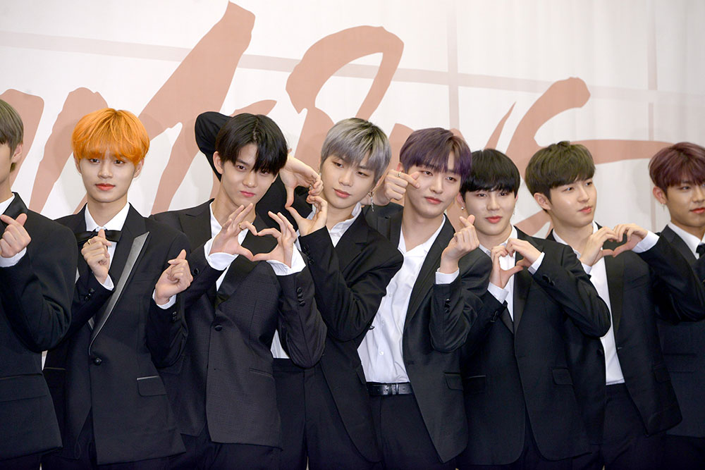Wanna One - Kang Daniel, Park Jihun, Hwang Min-hyun, Lai Kuan-lin, Ha Sung-woon, Bae Jin Young, Kim Jae Hwan, Park Woo-Jin, Lee Dae-hwi, Ong Seong-wu and Yoon Ji-sung
Wanna One '1x1=1 (To Be One) Album Launch, Seoul, South Korea - 19 Mar 2018