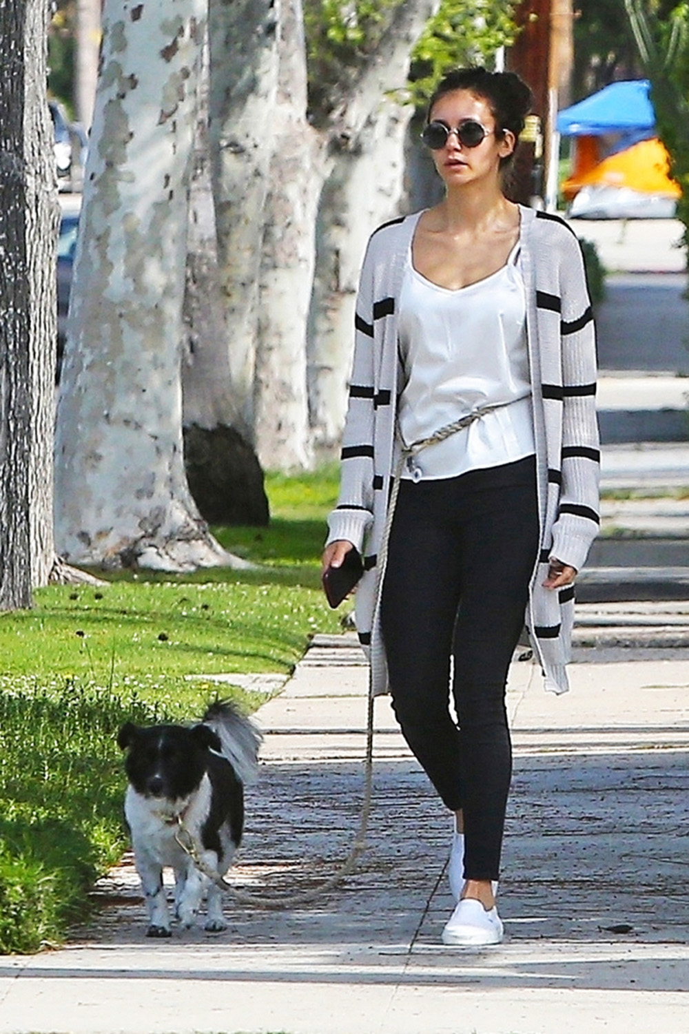 Nina Dobrev walking dog stripes