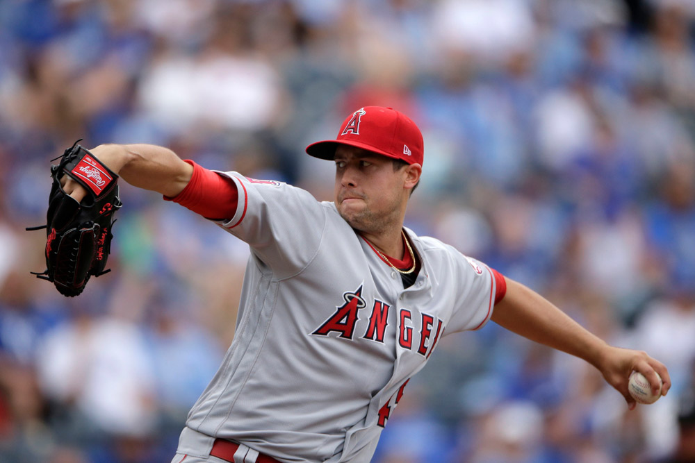 Los Angeles Angels starting pitcher Tyler Skaggs throws during the first inning of a baseball game against the Kansas City Royals, in Kansas City, Mo
Angels Royals Baseball, Kansas City, USA - 16 Apr 2017