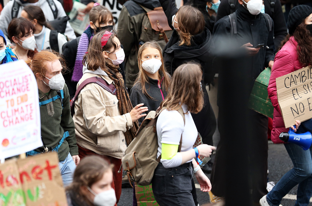 Swedish climate activist Greta Thunberg attends the Fridays for Future march to demand action from world leaders to combat the climate change crisis on the sidelines of the UN Climate Change Conference COP26 in Glasgow, Britain, 05 November 2021. The COP26 climate conference is being held until November 12 in the Scottish city of Glasgow.Fridays for Future march in Glasgow, United Kingdom - 05 Nov 2021