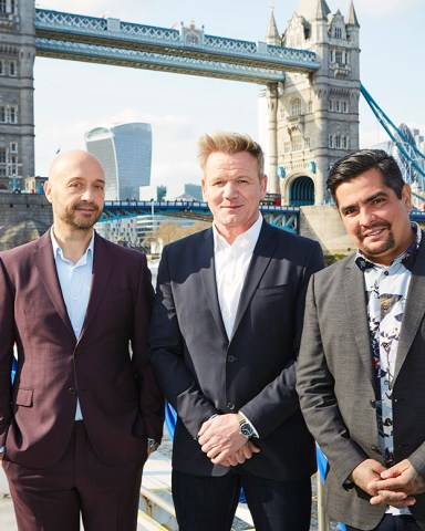 MASTERCHEF: Host / chef Gordon Ramsay (C) with judges Joe Bastianich (L) and Aarón Sánchez (R) in the “London Calling – Pt. 1” episode of MASTERCHEF airing Wednesday, Sept. 4 (8:00-9:00 PM ET/PT) on FOX.  © 2019 FOX MEDIA LLC. CR: Matt Frost/FOX.