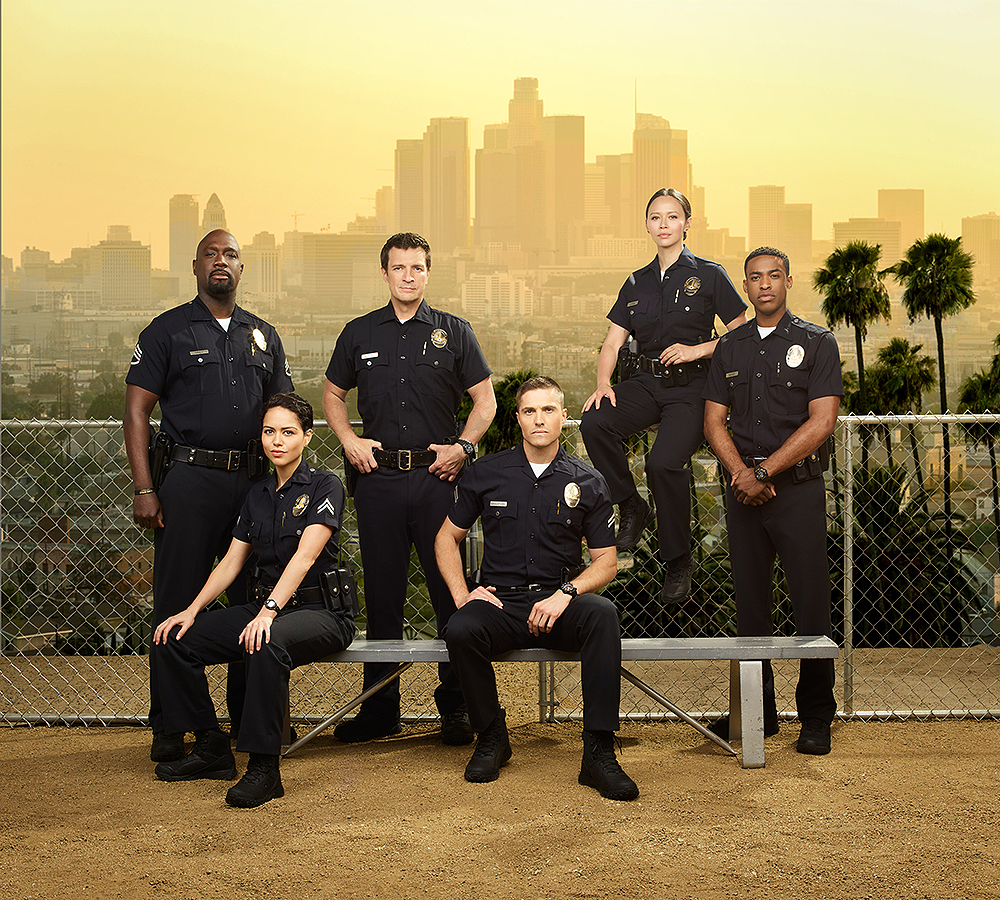 THE ROOKIE - ABC's "The Rookie" stars Richard T. Jones as Sergeant Wade Grey, Alyssa Diaz as Angela Lopez, Nathan Fillion as John Nolan, Eric Winter as Tim Bradford, Melissa O'Neil as Lucy Chen, and Titus Makin Jr. as Jackson West. (ABC/Andrew Eccles)