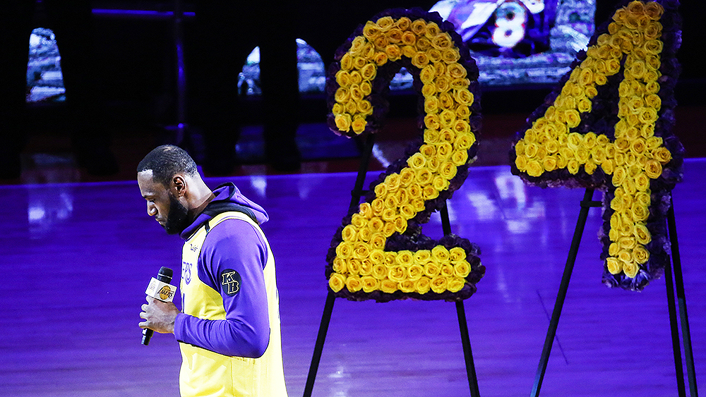 Los Angeles Lakers' LeBron James, wearing a No. 24 jersey, speaks about Kobe Bryant prior to an NBA game between the Lakers and the Portland Trail Blazers on Friday, Jan. 31, 2020, in Los Angeles. Bryant, the 18-time NBA All-Star who won five championships and became one of the greatest basketball players of his generation during a 20-year career with the Lakers, died in a helicopter crash Sunday. (AP Photo/Ringo H.W. Chiu)