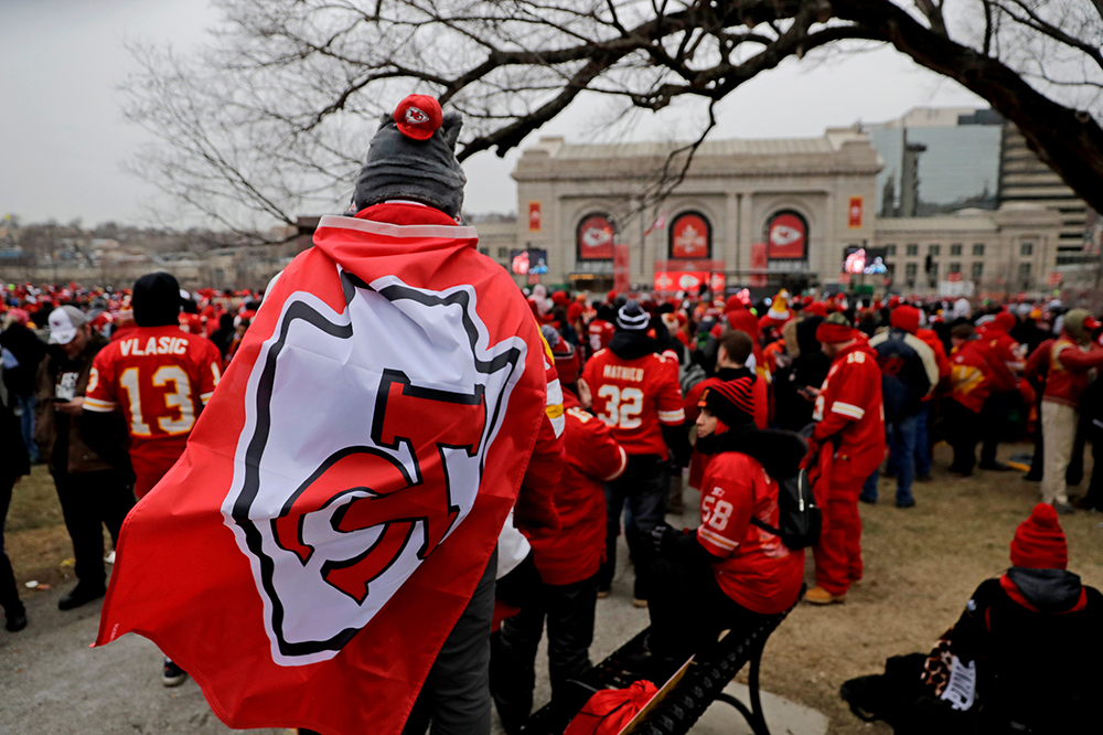 Fans gather at Union Station several hours before a parade through downtown Kansas City, Mo., to celebrate the Kansas City Chiefs victory in NFL's Super Bowl 54
Super Bowl Parade Football, Kansas City, USA - 05 Feb 2020