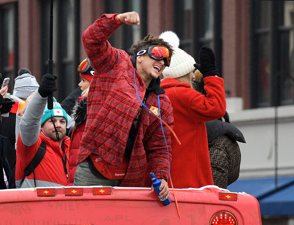 Kansas City Chiefs quarterback Patrick Mahomes cheers with the crowd during a parade through downtown Kansas City, Mo. to celebrate the City Chiefs victory in the NFL's Super Bowl 54
Super Bowl Parade, Kansas City, USA - 05 Feb 2020