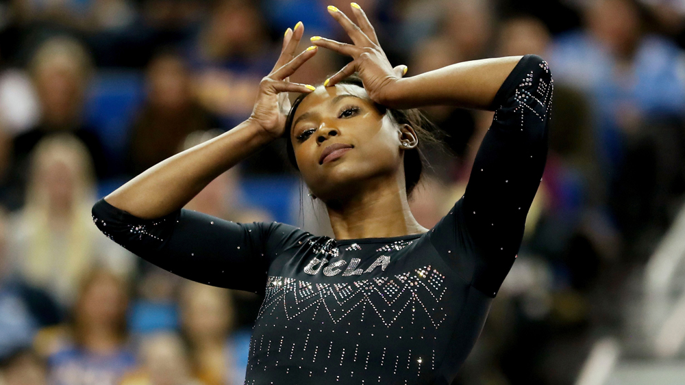 Nia Dennis of UCLA during an NCAA college gymnastics match, in Los Angeles
UCLA Women's Gymnastics, Los Angeles, USA - 04 Jan 2019